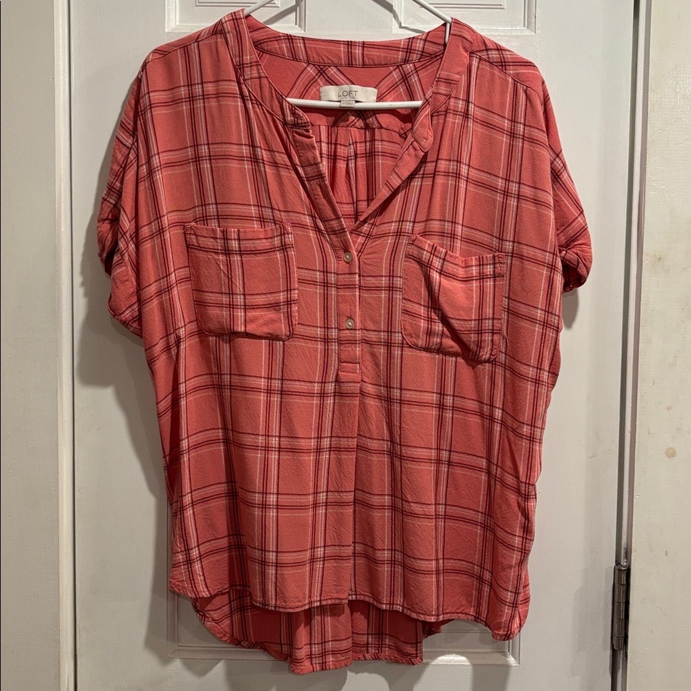 LOFT Pink Plaid Short Sleeve Blouse